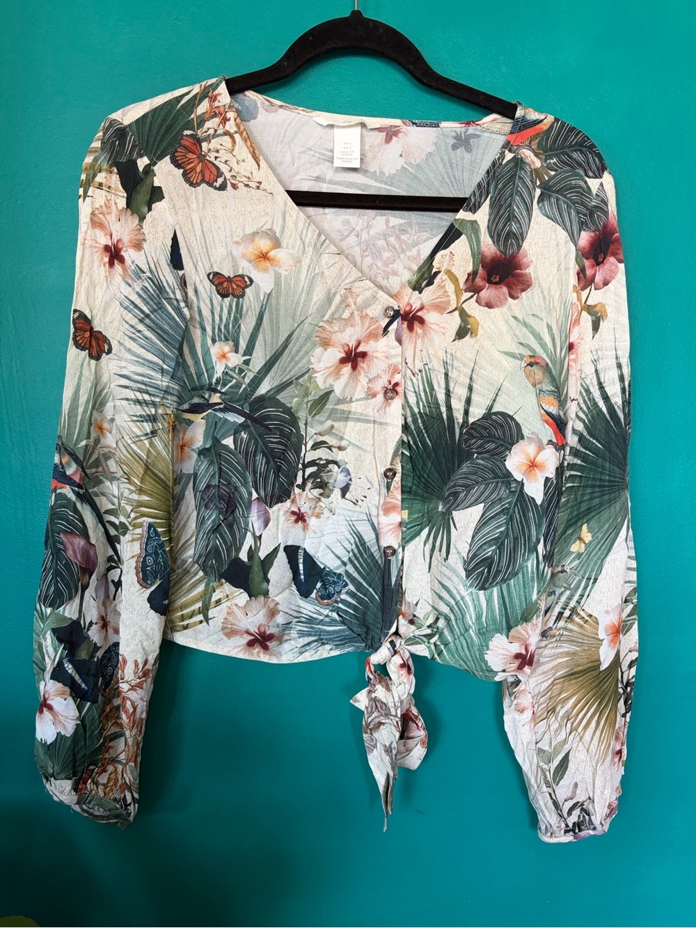Tropical Tie-Front Blouse - Green Floral